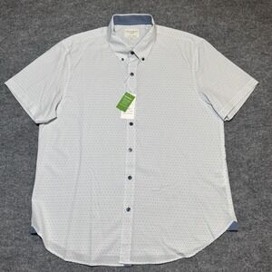 CON.STRUCT  4 Way Stretch Shirt Mens XL White Blue Short Sleeve Button Dots NWT
